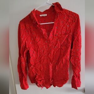 beachlunchlounge Red Button Down Shirt with Pattern Size Medium